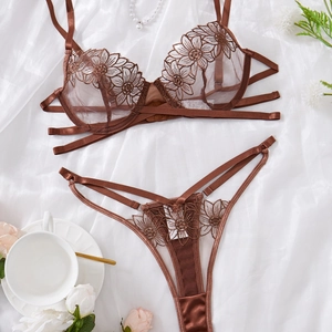 Brown mesh lingerie set with sunflower embroidery and hollow strappy details