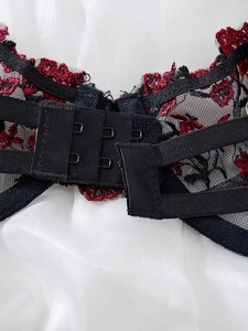 Detail of back hook-and-eye closure on black lace bra with red rose embroidery