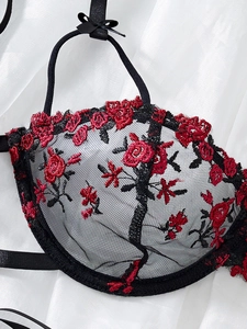Close-up of black mesh bra featuring red floral embroidery and satin bow details