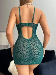 Detail of dark green leopard print mesh babydoll featuring back clasp and lace trim
