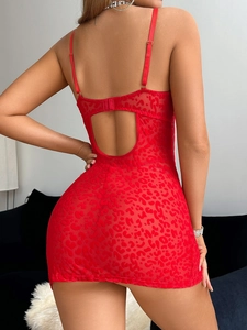 Detailed view of red leopard print babydoll with sheer mesh lace and open back design