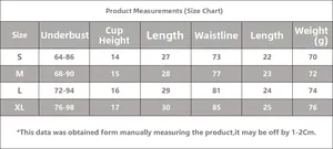 Size chart for floral lace lingerie set showing underbust and waist measurements in cm