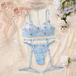 Lingerie Sexy En Dentelle Pour Femmes Avec Broderie Papillon Bleu Clair Soutien Gorge En Maille Porte Jarretelles Culotte Choker
