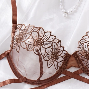 Brown floral embroidery mesh bra set with delicate daisy patterns on white silk background
