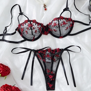 Sexy Black Embroidered Mesh Lingerie For Women Transparent Rose Floral Underwire Bra And Thong Top And Bottom Romantic Intimate Apparel