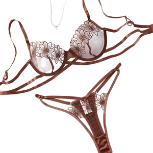Exquisite brown lace lingerie set featuring floral embroidery and strappy details