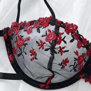 Sexy black mesh bra set featuring red floral embroidery and delicate lace details