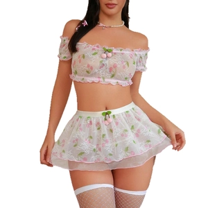 Sexy two-piece white floral lace bustier set with pink cherry prints and ruffle details