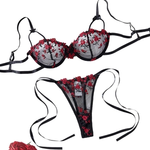 Exquisite black mesh bra set with red floral embroidery and strappy thong on white background