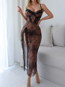 Detail view of high slit leopard print mesh lingerie with delicate black lace trim