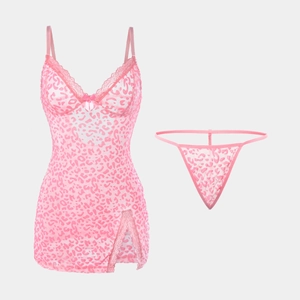 Pink leopard print babydoll lingerie set with sheer mesh lace and matching thong for women