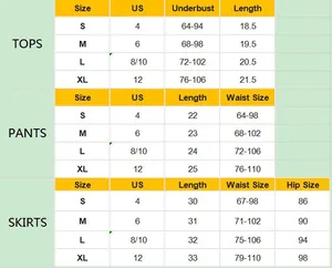 Tableau des tailles pour ensemble de lingerie sexy avec mesures du S au XL pour hauts et jupes