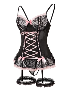 Detailed view of sexy lace bodysuit with pink ribbon lace-up and bowknot accents