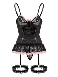 Detailed view of black lace bodysuit with pink trim and delicate bow embellishment