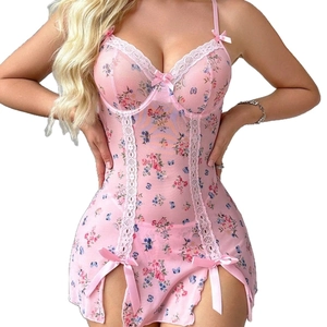 Transparentes Netz-Schlafkleid in Rosa mit Blumenmuster und Spitzenbesatz