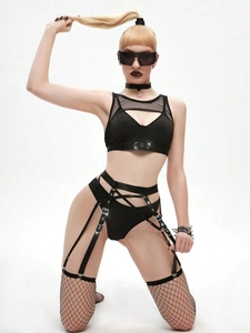 Gothic black strappy lingerie set with hollow fishnet details and metal buckle accessories