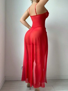 Rear view of long sheer red evening gown with adjustable straps and translucent mesh fabric