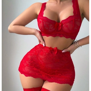Women Sexy Red Lace Hollow Out Lingerie Top And Bottom Set Floral Bowknot Decorative Seductive Nightwear For Valentine Day