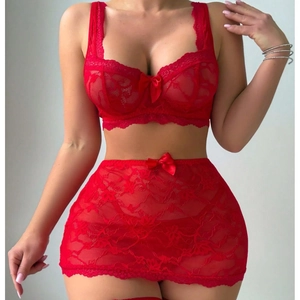 Sexy red lace lingerie set featuring a push-up bra and matching lace mini skirt with bows