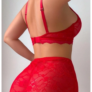 Red lace lingerie set with floral hollow pattern and adjustable back straps for women
