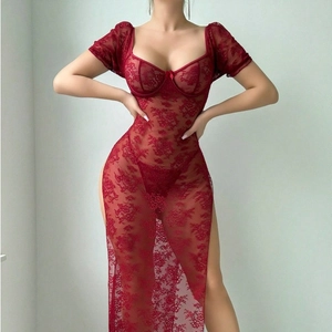 Women Floral Lace See Through Bodycon Dress With Underwire High Split Sensual Lingerie Nightgown Puff Sleeve Bow Gown