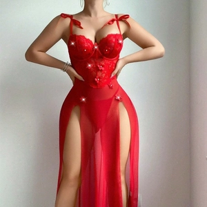 Sexy Red Sheer Lace Lingerie Dress For Women 3D Flower Applique High Slit Mesh Evening Gown Romantic Bow Straps Sleepwear