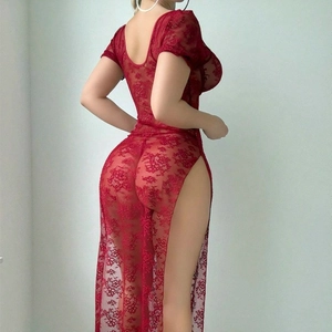 Sexy red lace bodycon dress with high side slit and sheer floral texture for women