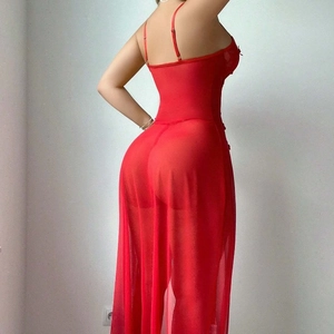 Sexy red sheer mesh evening gown for women with thin straps and transparent finish