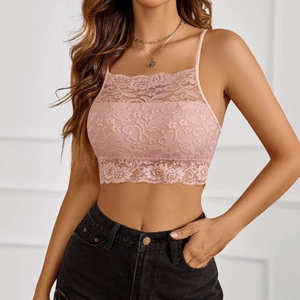 Pink floral lace bralette with thin straps and scalloped edges for women