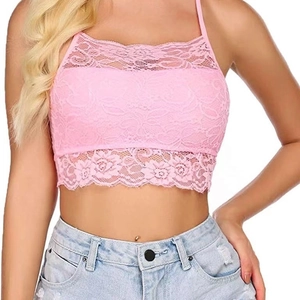 Pink lace crop top camisole for women with floral embroidery and scalloped edges