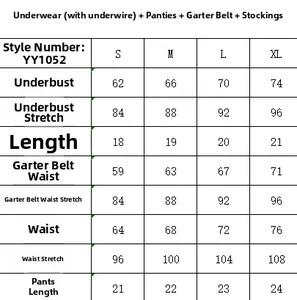 Tabella delle taglie per set lingerie in pizzo 4 pezzi con misure dettagliate da S a XL