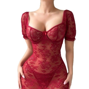 Red floral lace bodycon bodysuit with puff sleeves and wired cups in a sexy see-through style