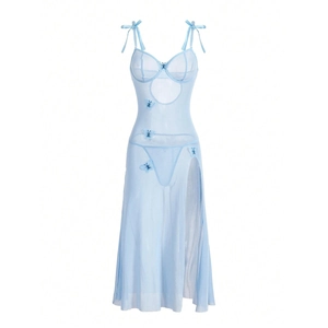 Body en résille bleu clair transparent avec broderies et fente latérale haute