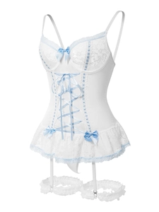 Detailed close-up of white lace bodysuit set with blue satin bows and leg rings