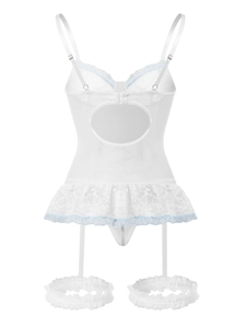 Rear view of white lace bodysuit featuring mesh ruffle skirt and light blue trim details