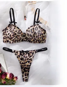 Detailed macro shot of sexy leopard print lace lingerie set with bow accents