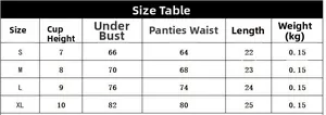 Detailed size chart for black sexy hollow bow lingerie set with cups and waist measurements