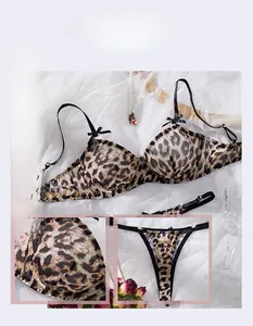 Detail view of leopard print lace bra set with delicate bow and textured fabric