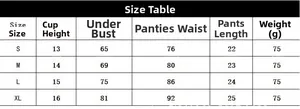 Size guide for sexy fishbone bra set showing bust, waist, and length measurements from S to XL