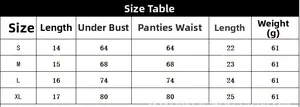 Tabella taglie dettagliata per set lingerie in pizzo con misure di busto, vita e lunghezza
