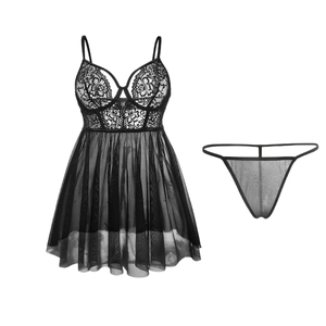 Sexy schwarzes Spitzen-Nachthemd-Set mit Blumenhäkelarbeit und passendem G-String