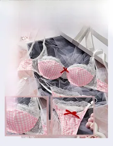 Pink plaid sexy lingerie set with white lace trim and delicate red bow details