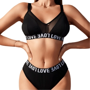 Sexy black sports lingerie set with mesh splicing and white LOVE lettered elastic band