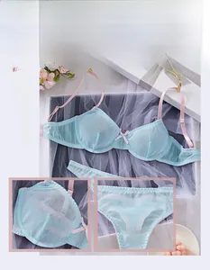 Detail view of light blue mesh lingerie set with pink straps and delicate bow accents