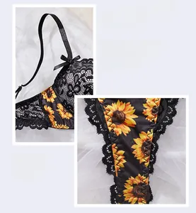 Detail of sunflower print lace bra and panty set with delicate eyelash trim