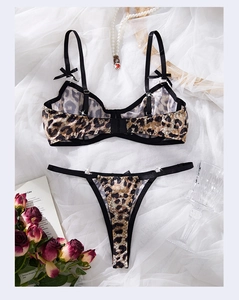 Close-up of leopard print lace bra set with black satin bows and mesh texture details