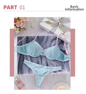 Detailed view of light blue mesh lingerie set with pink bows in a luxury gift box