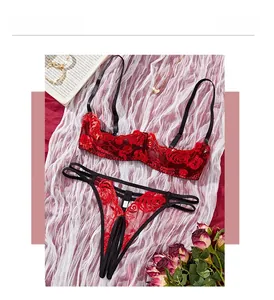 Detailed flat lay of red rose embroidery on a black mesh lingerie set with thong