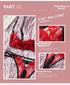 Detail of red floral embroidery and precise stitching on lace lingerie set