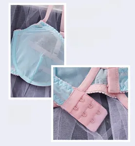Close-up of blue mesh lace bra featuring pink elastic straps and back hook closure